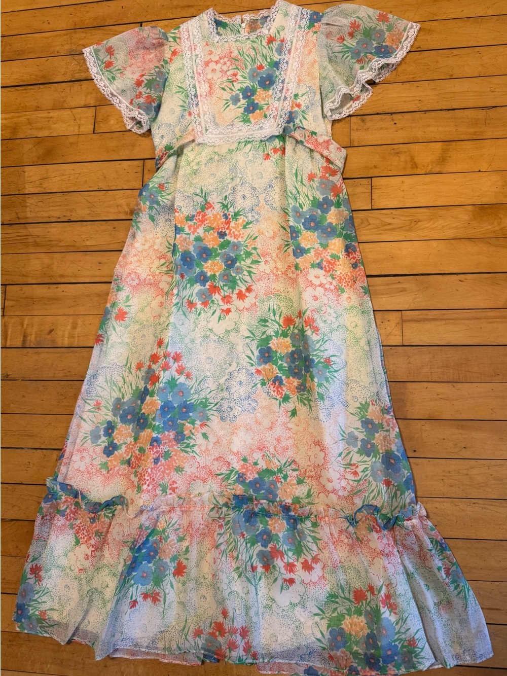 Vintage 70s RAR Designer Floral Prairie Maxi Dress Lace Flutter Sleeve Boho Sz 8